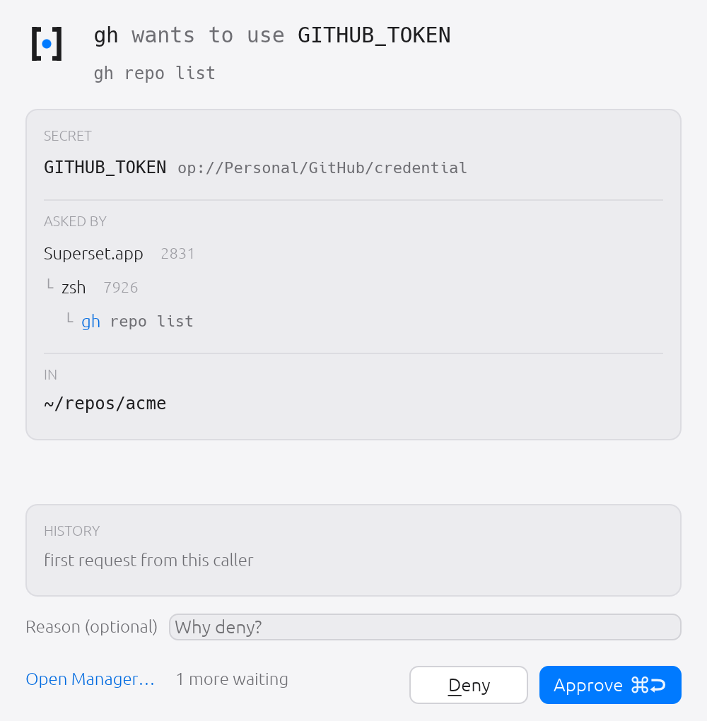 A deeper ancestry. Every process between your shell and the asking binary is listed with its argv and pid, so a request from a build script never looks like one you typed.