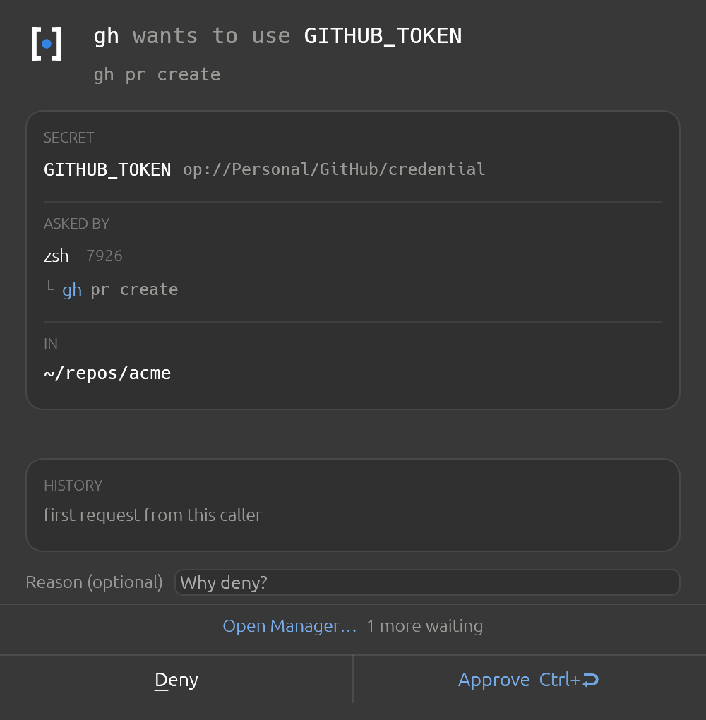 Two unrelated commands asked at once. You answer the oldest first; the rest wait behind 1 more waiting rather than stacking windows.