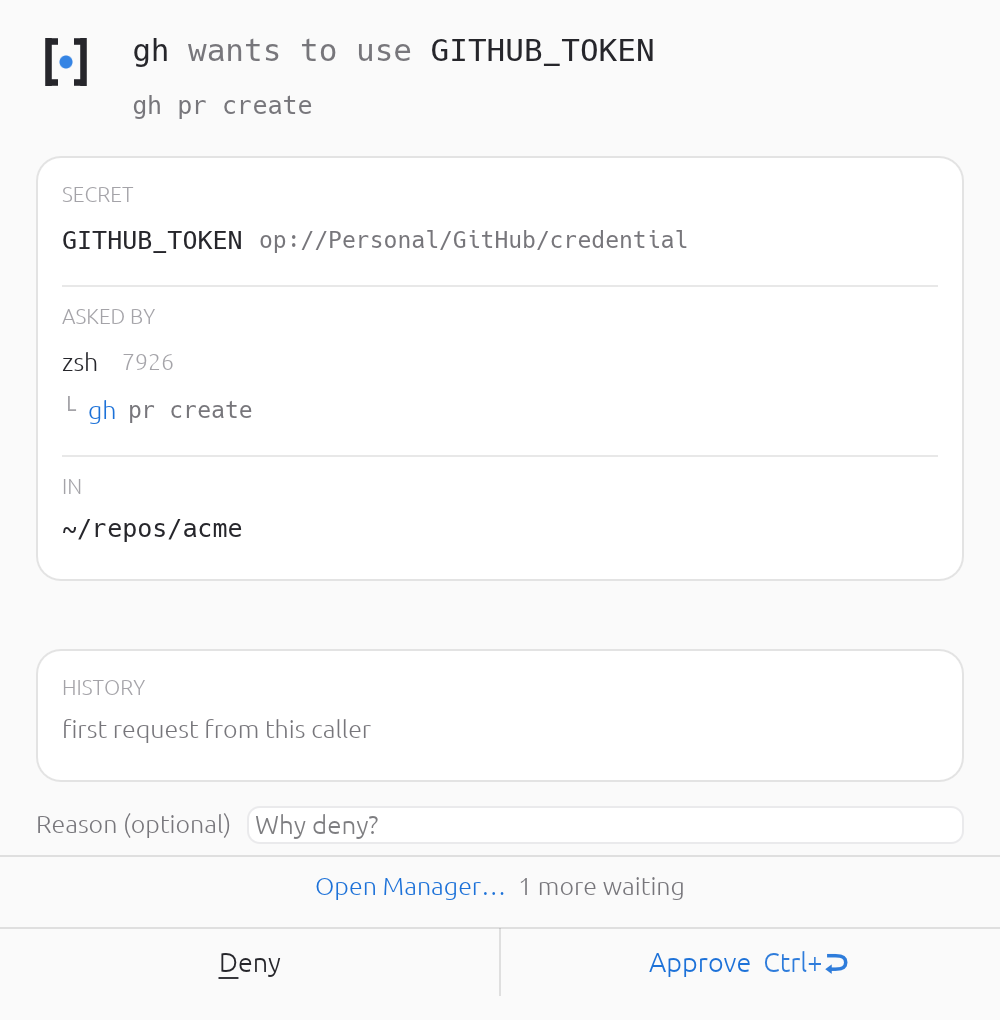 Two unrelated commands asked at once. You answer the oldest first; the rest wait behind 1 more waiting rather than stacking windows.