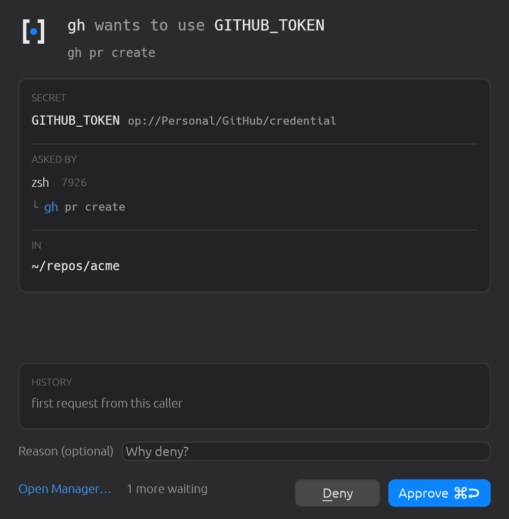 Two unrelated commands asked at once. You answer the oldest first; the rest wait behind 1 more waiting rather than stacking windows.