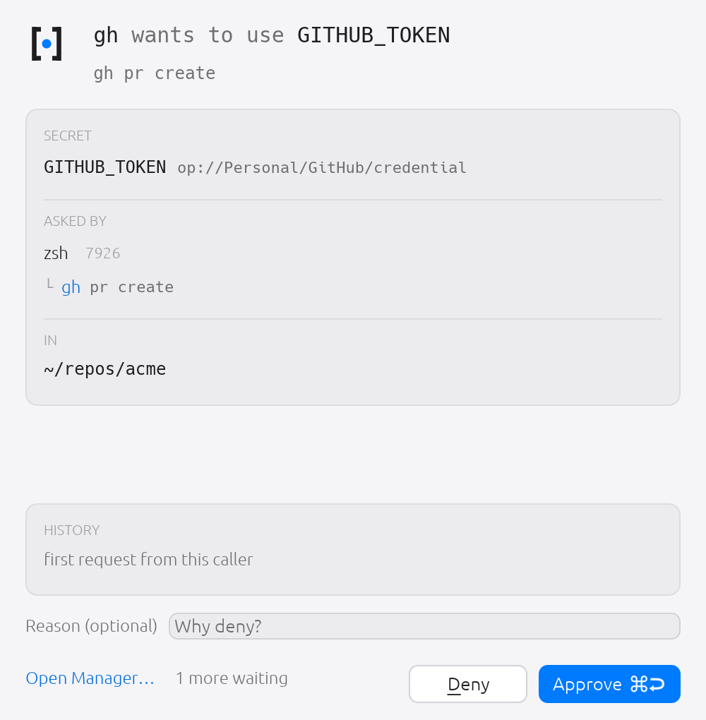 Two unrelated commands asked at once. You answer the oldest first; the rest wait behind 1 more waiting rather than stacking windows.