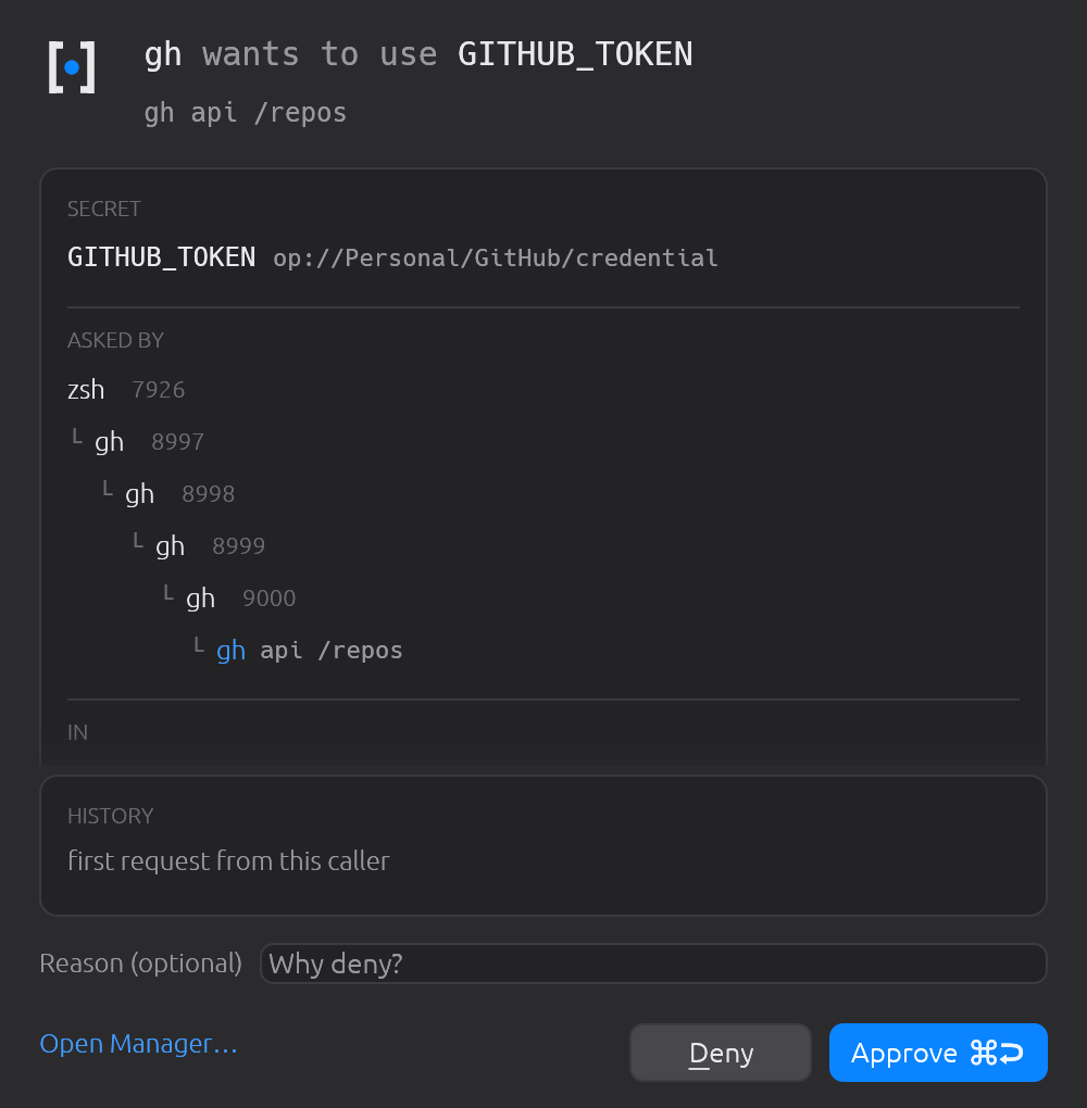 A binary that re-executes itself would otherwise stack four identical rows. The chain folds to one entry per distinct process.