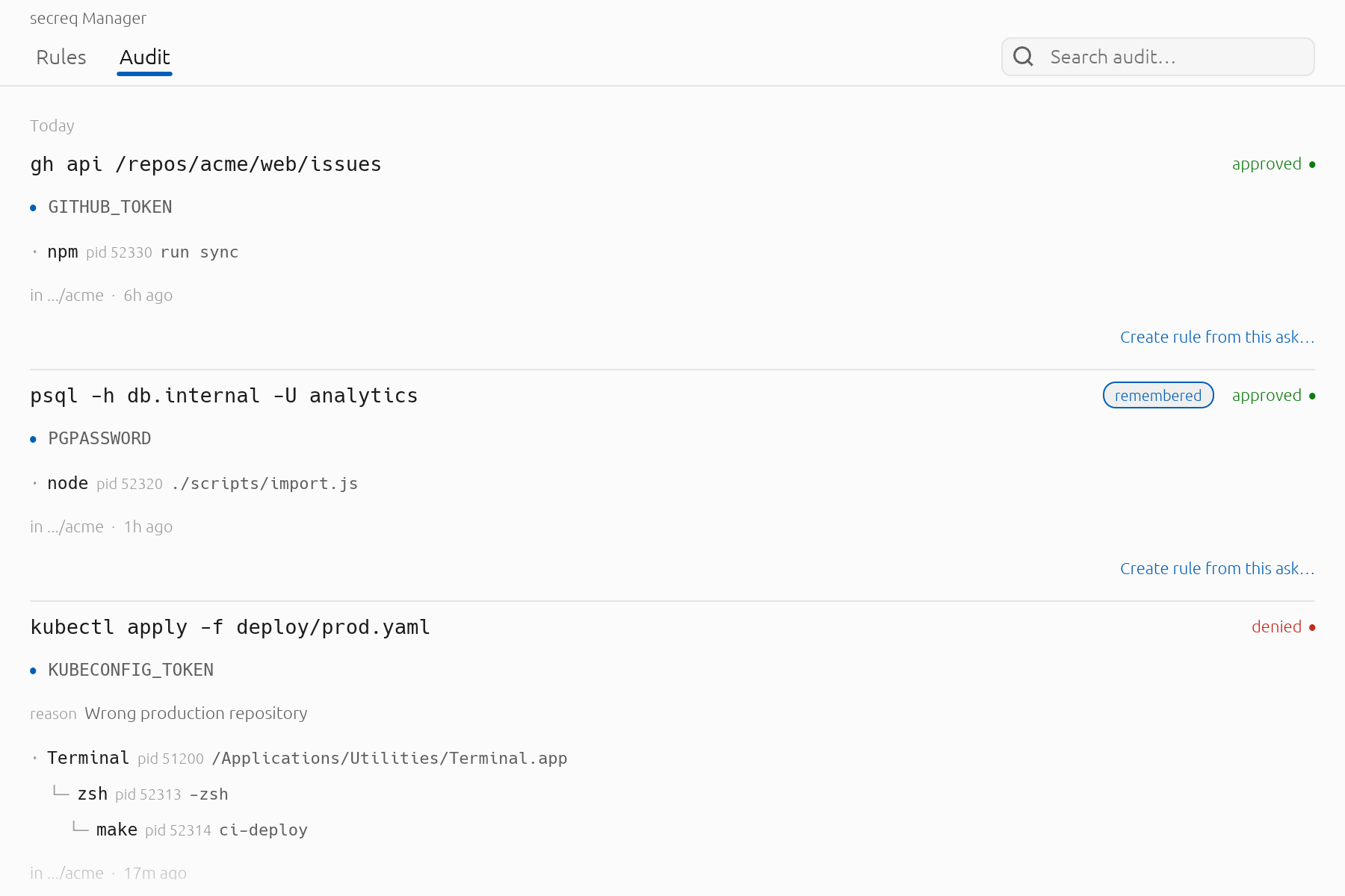 Every decision is written down: what asked, what it wanted, where from, and how it went. Your answers and rule auto-fires land in the same list.