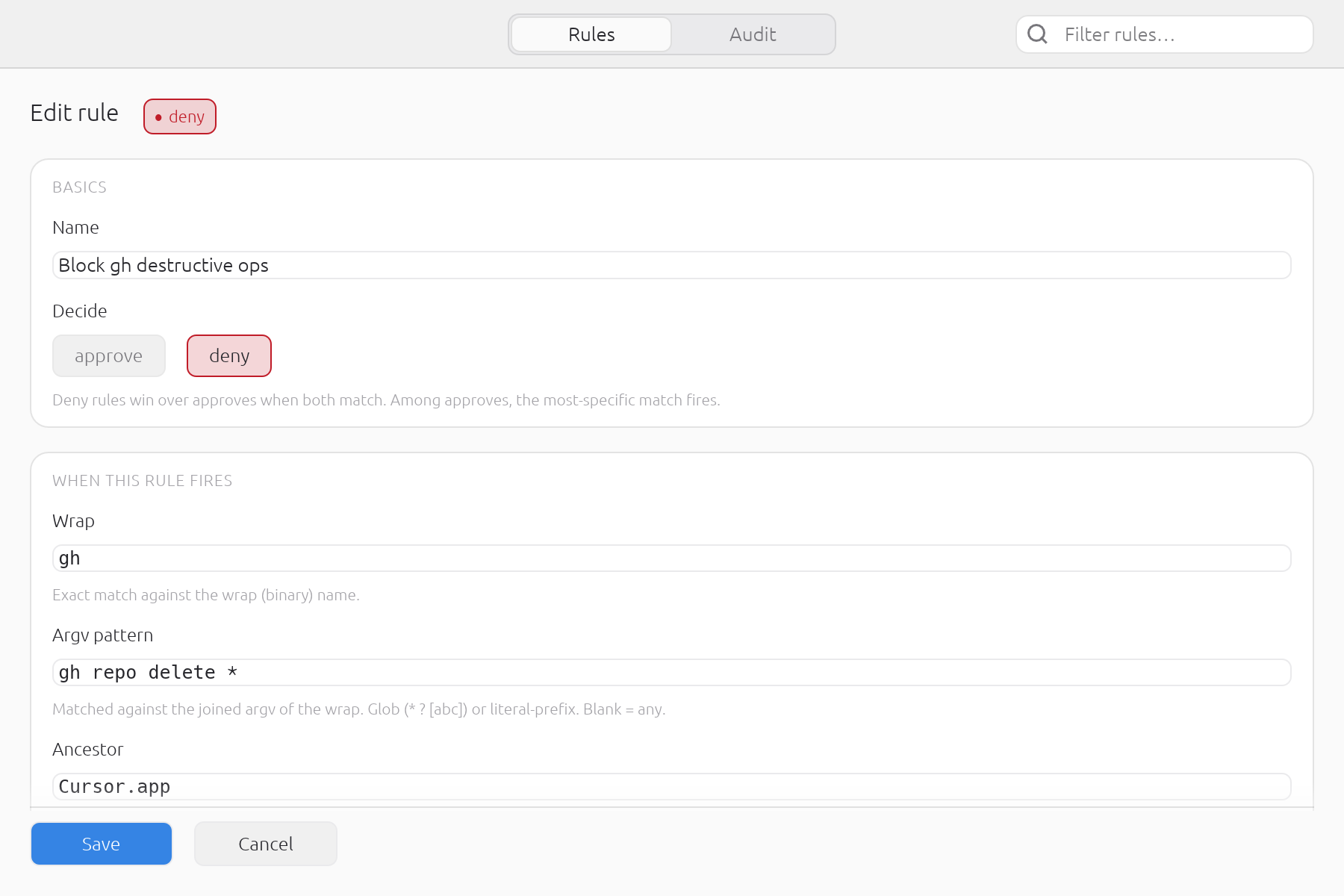 A deny rule carries a message. That text is what you see in the banner when the rule fires, so write it as a reminder to your future self.