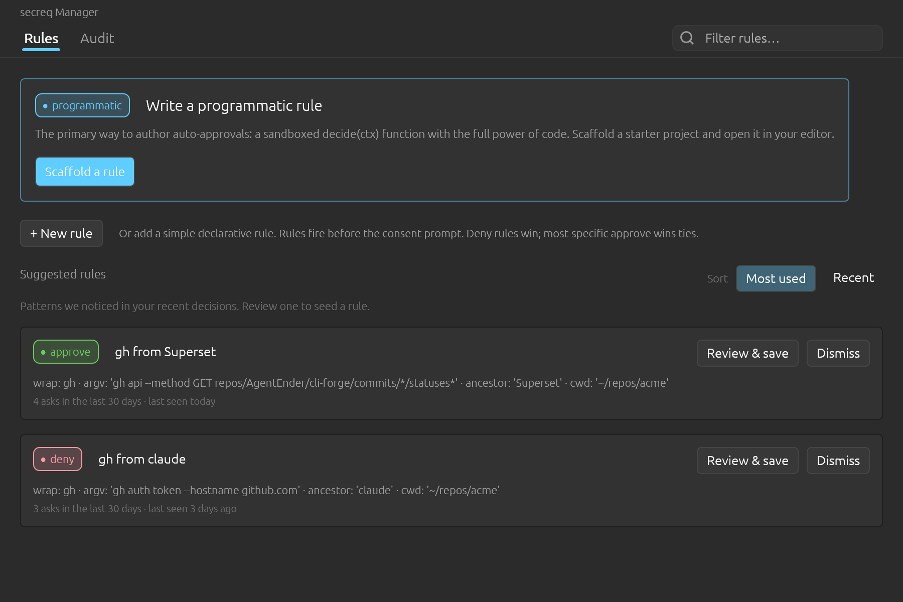 secreq watches what you keep approving and offers the rule you were about to write, along with the cluster of decisions it drew from.