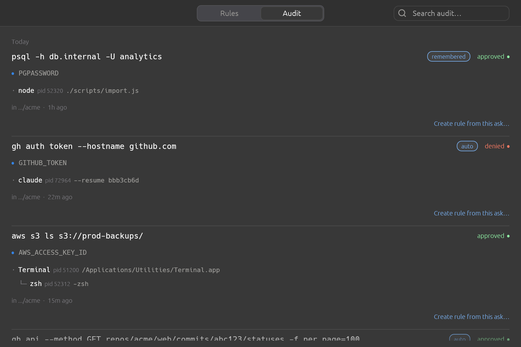 You can read the log while a request is still queued — the prompt window holds the decision, so browsing history never blocks it.