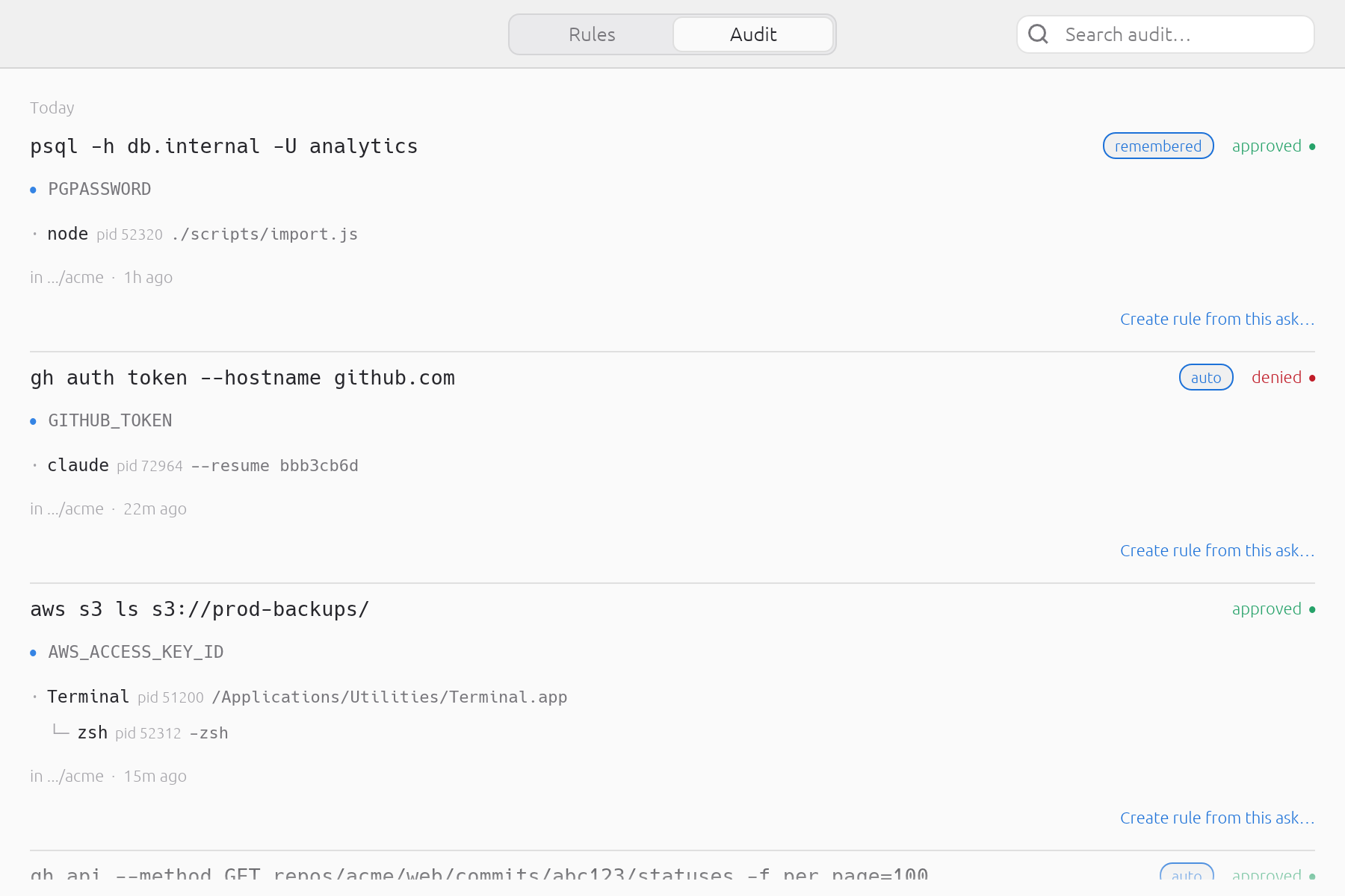 You can read the log while a request is still queued — the prompt window holds the decision, so browsing history never blocks it.