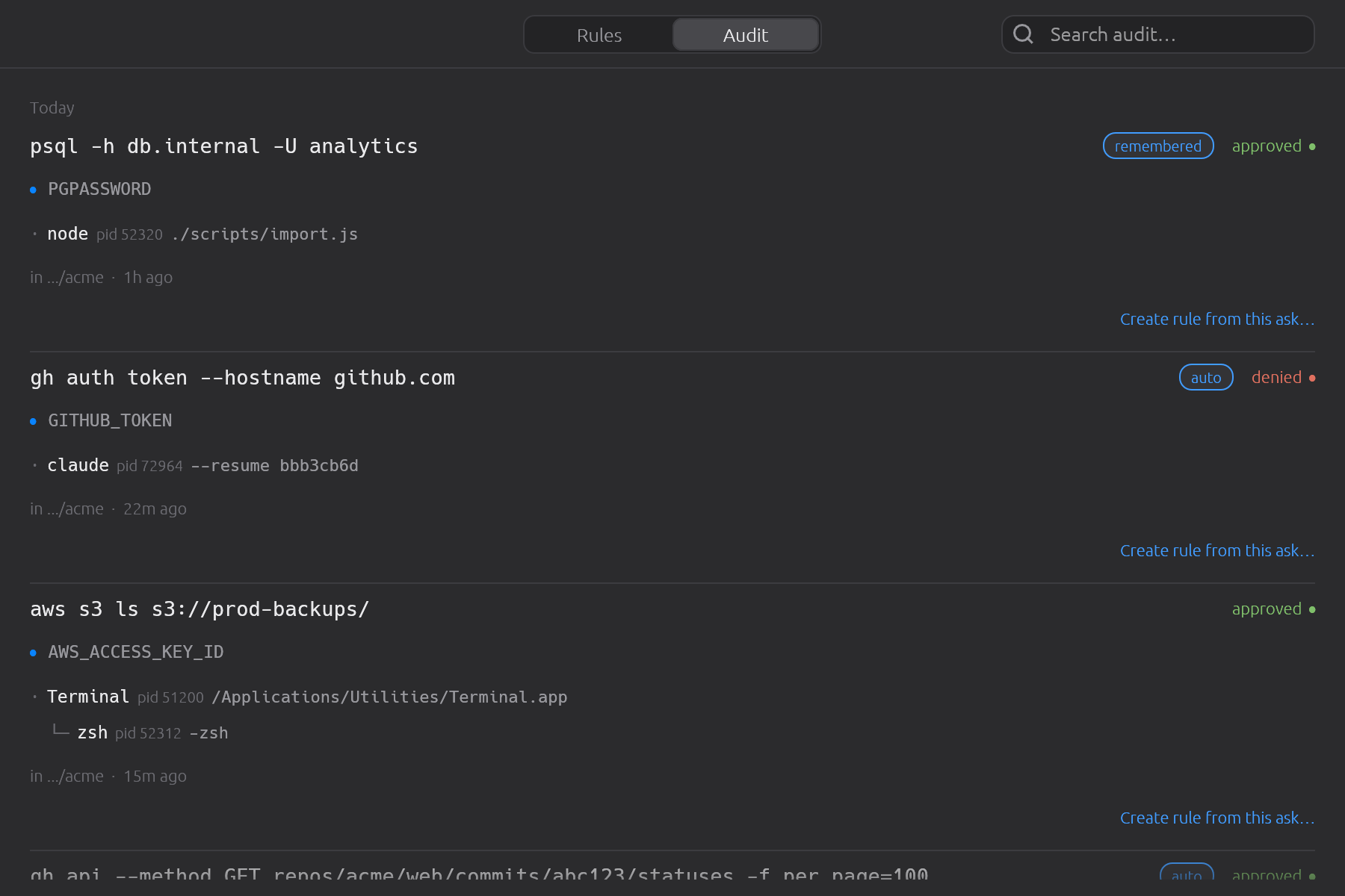 You can read the log while a request is still queued — the prompt window holds the decision, so browsing history never blocks it.