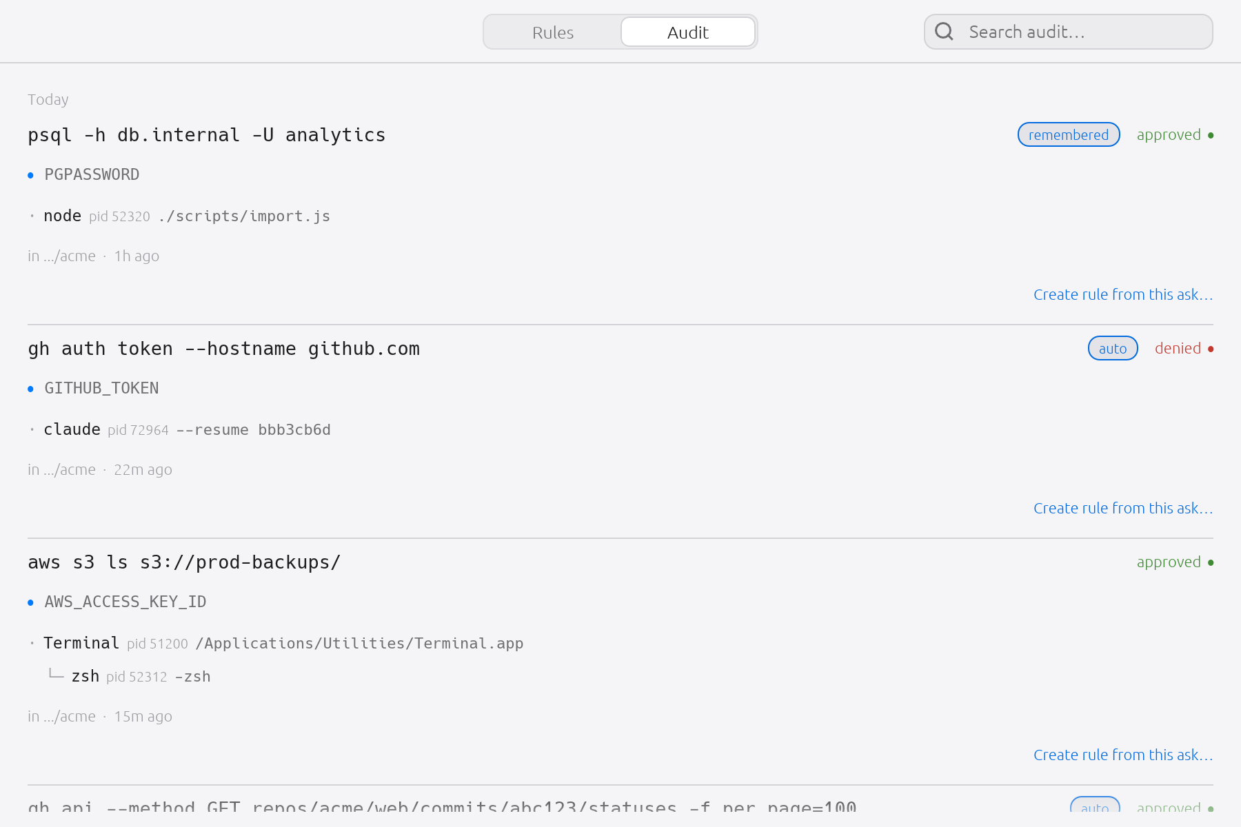 You can read the log while a request is still queued — the prompt window holds the decision, so browsing history never blocks it.