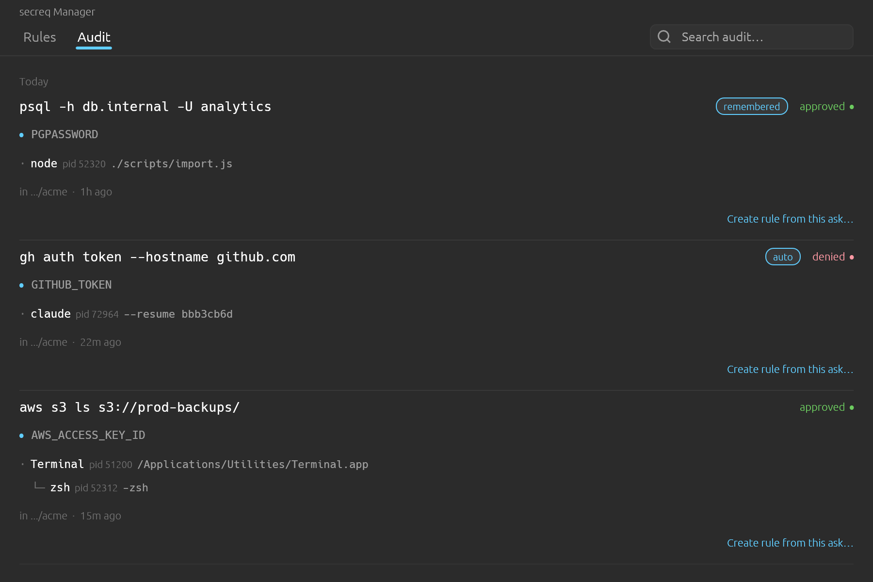 You can read the log while a request is still queued — the prompt window holds the decision, so browsing history never blocks it.