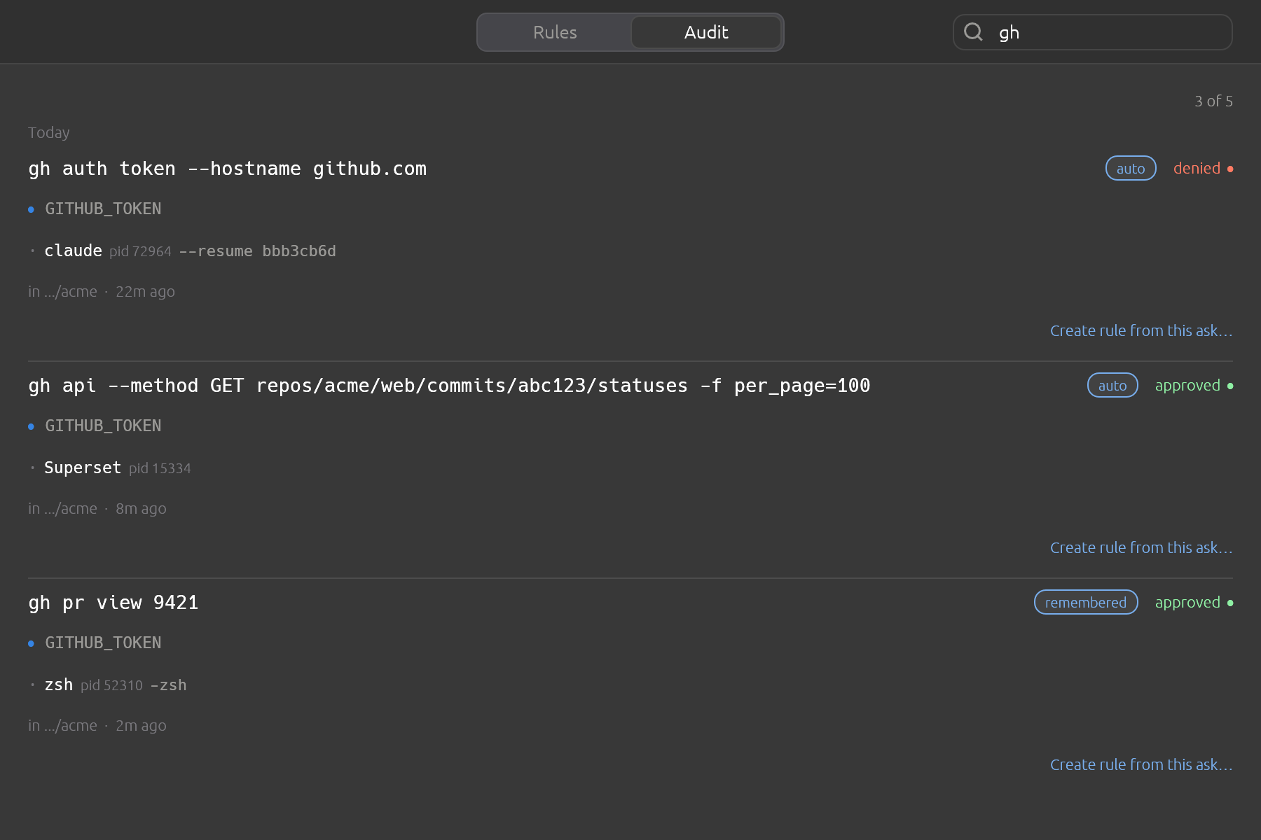 Search narrows the log across every field at once, and reports how much of it you are looking at.