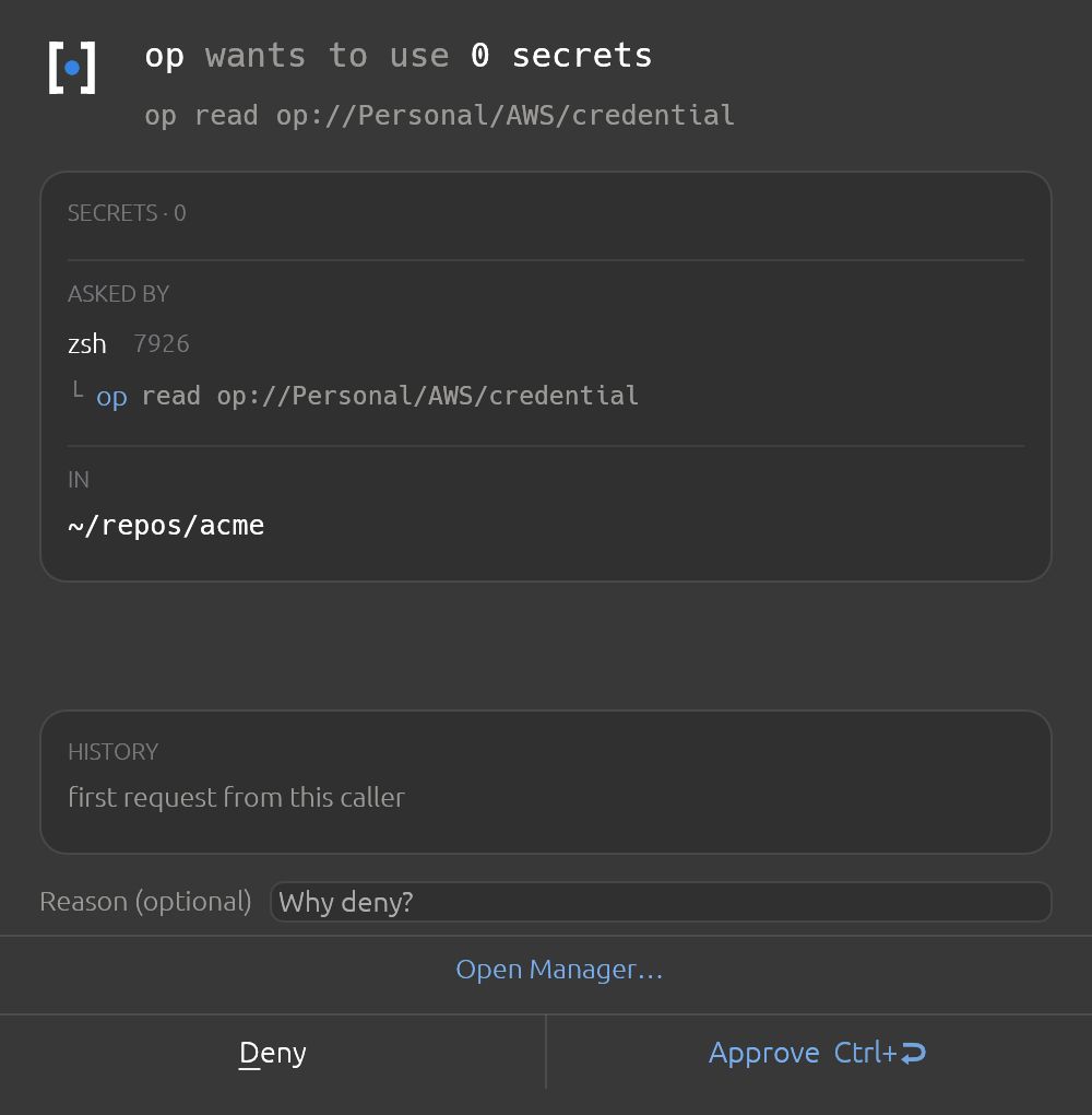 A wrap can inject nothing and still ask. Gate-only wraps put a consent step in front of a command without holding any secret for it.