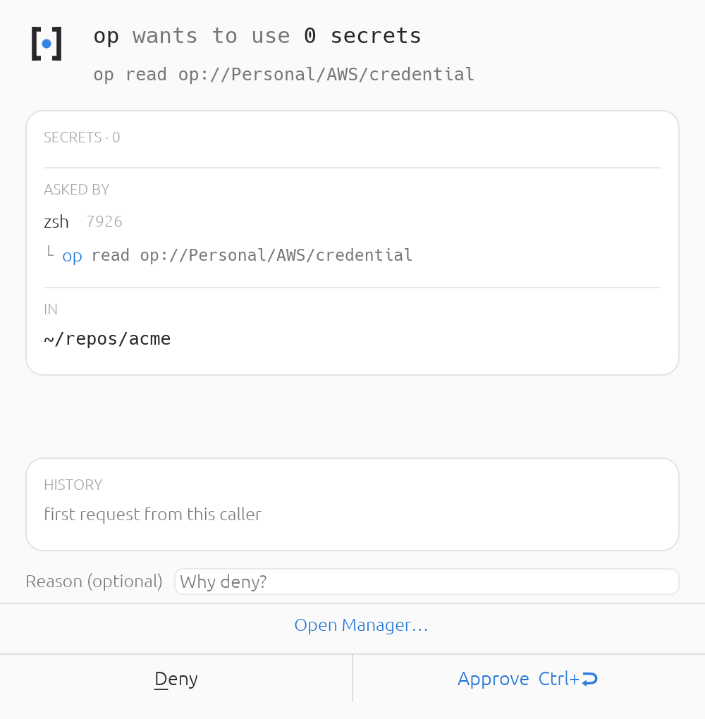 A wrap can inject nothing and still ask. Gate-only wraps put a consent step in front of a command without holding any secret for it.