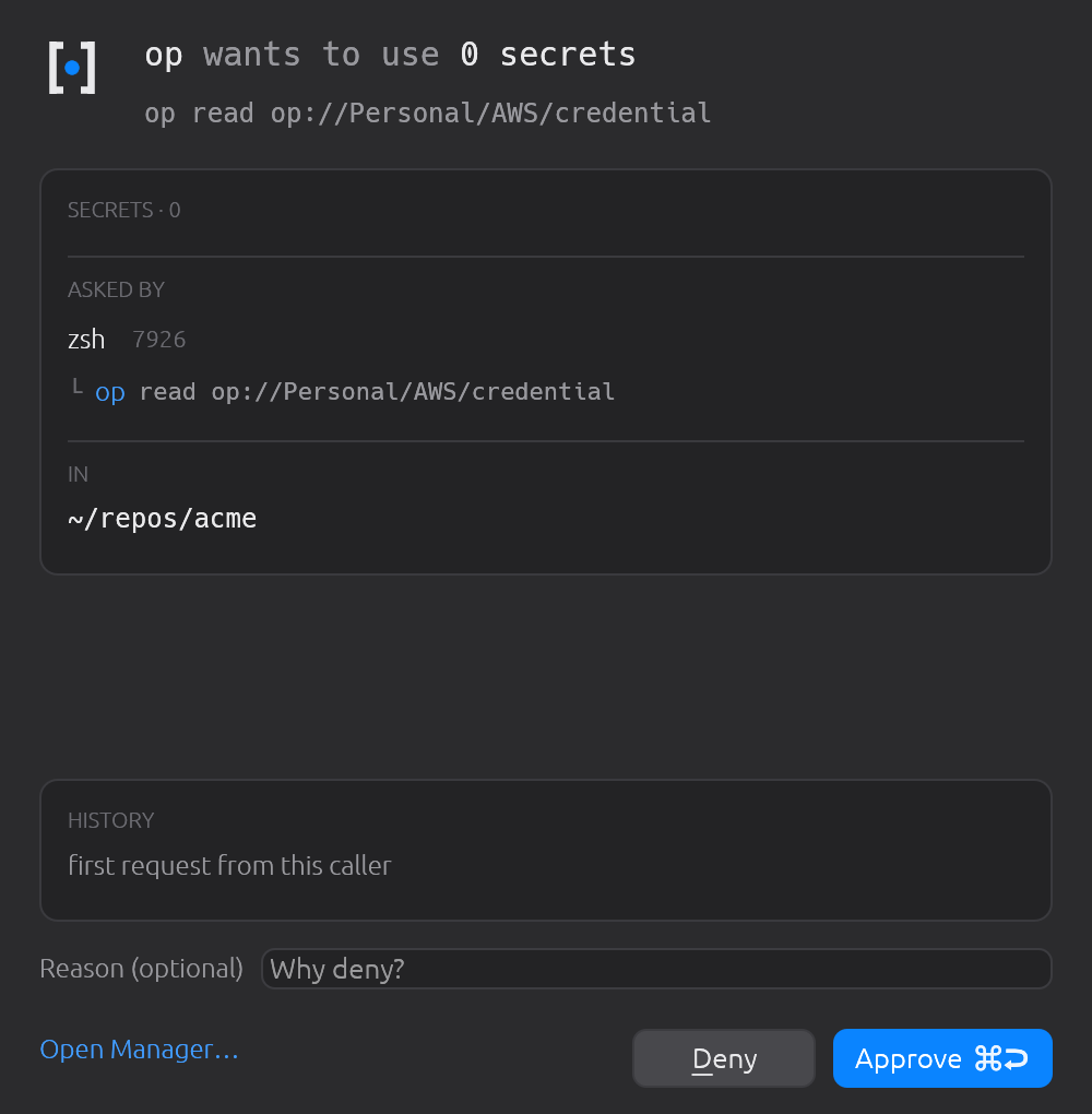 A wrap can inject nothing and still ask. Gate-only wraps put a consent step in front of a command without holding any secret for it.