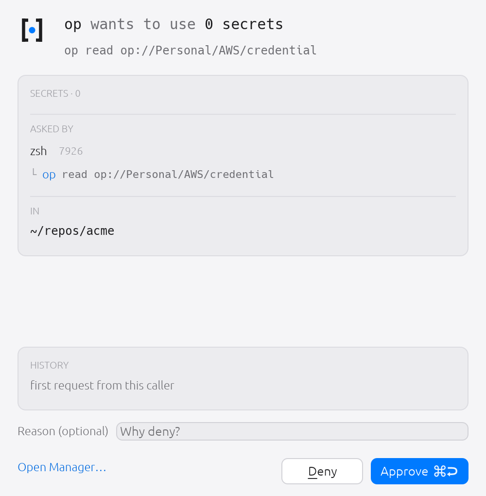 A wrap can inject nothing and still ask. Gate-only wraps put a consent step in front of a command without holding any secret for it.