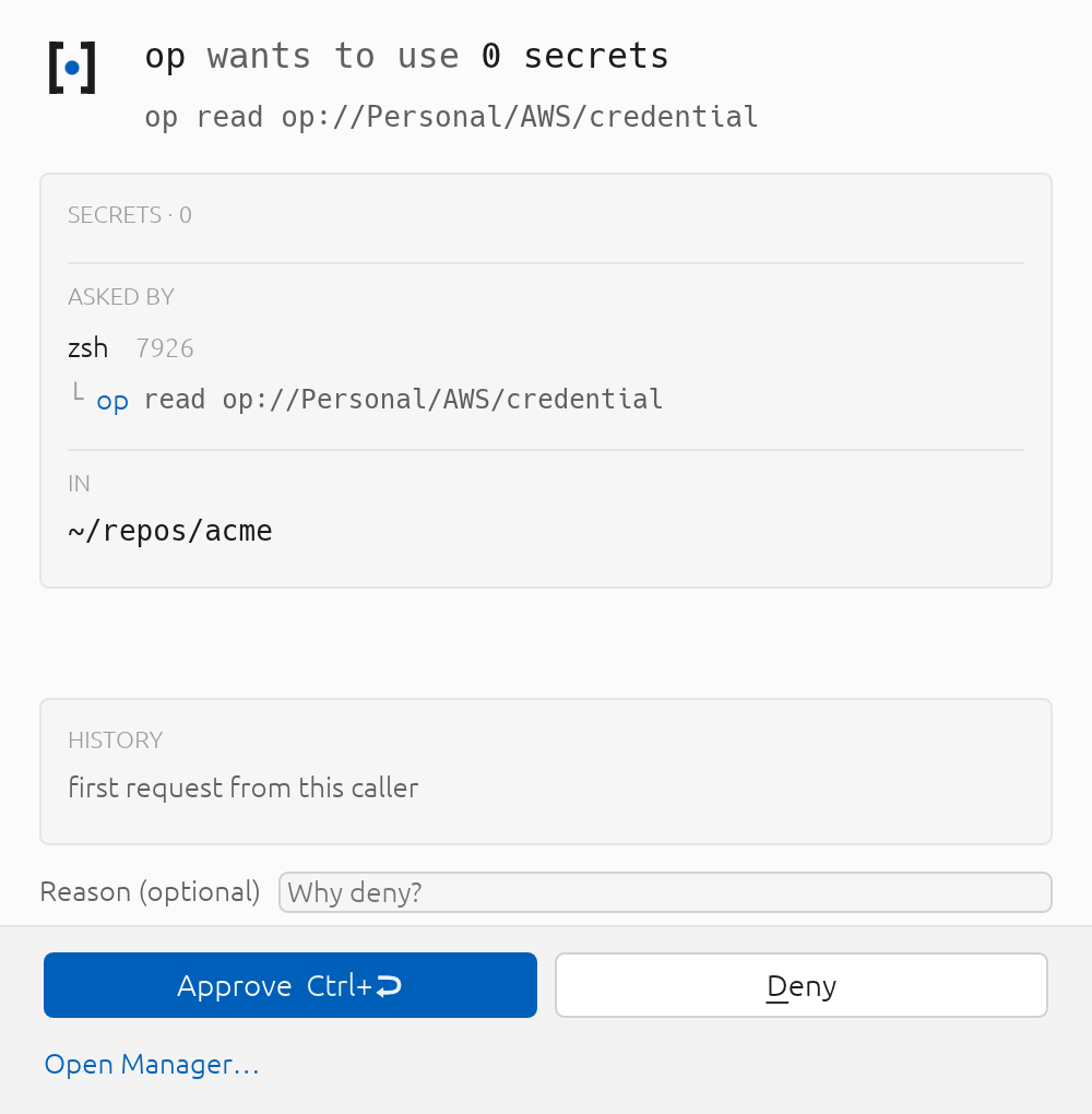 A wrap can inject nothing and still ask. Gate-only wraps put a consent step in front of a command without holding any secret for it.