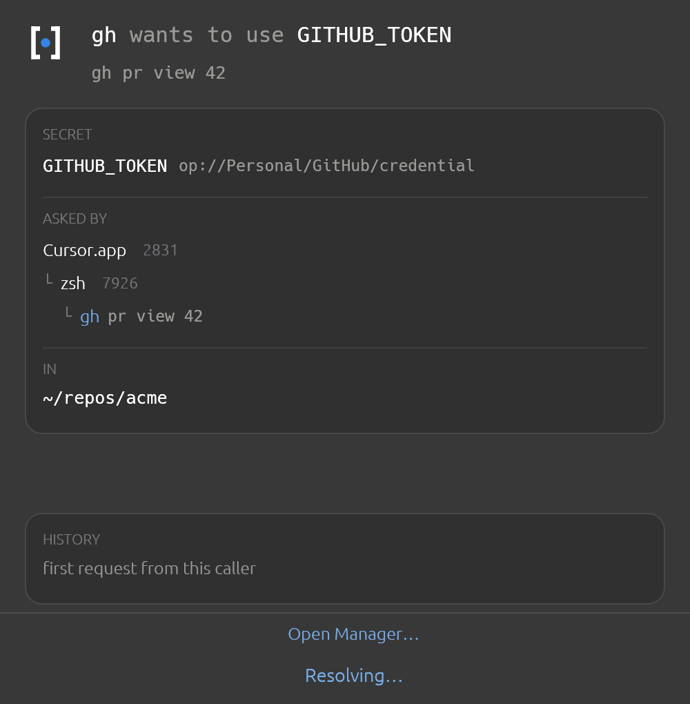 After you approve, the prompt goes read-only and reports Resolving…. That is your provider being called, and why a biometric prompt may appear next.