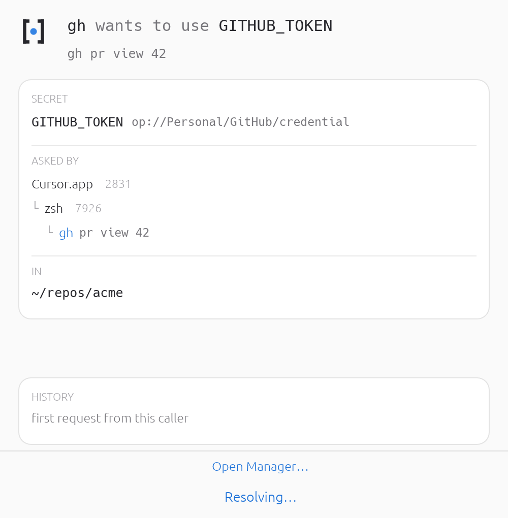 After you approve, the prompt goes read-only and reports Resolving…. That is your provider being called, and why a biometric prompt may appear next.