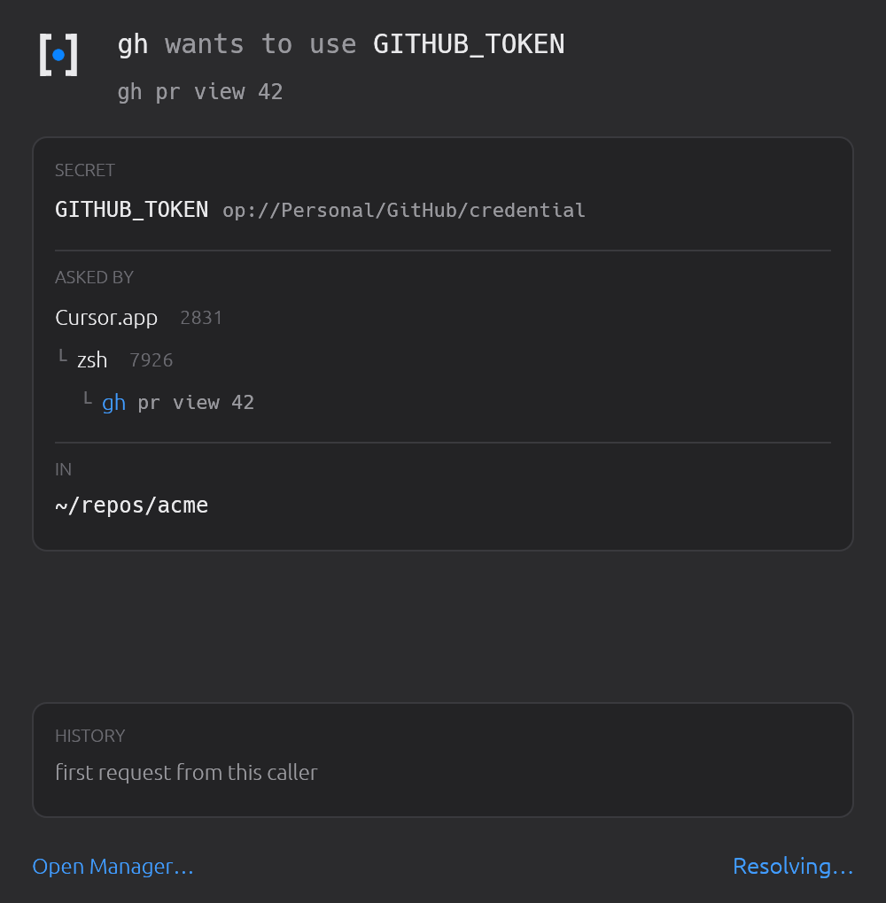 After you approve, the prompt goes read-only and reports Resolving…. That is your provider being called, and why a biometric prompt may appear next.