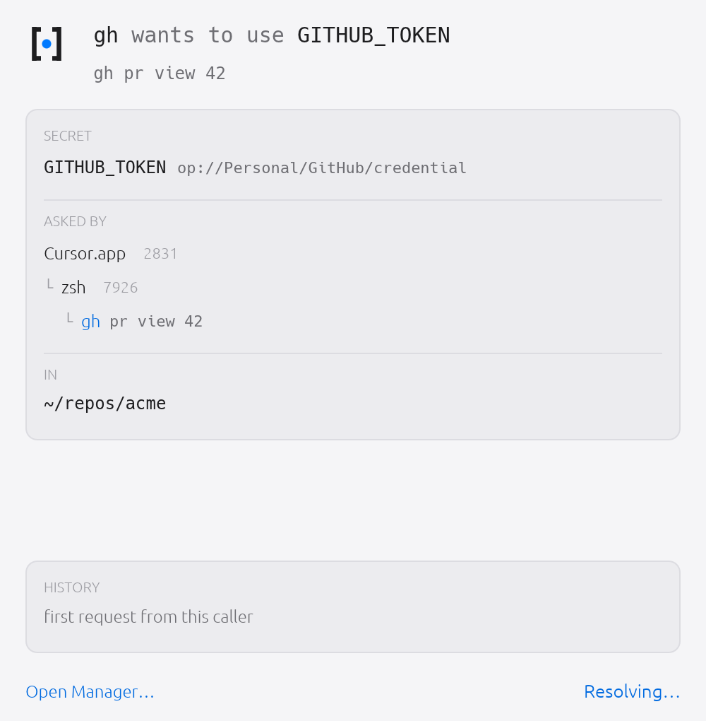 After you approve, the prompt goes read-only and reports Resolving…. That is your provider being called, and why a biometric prompt may appear next.