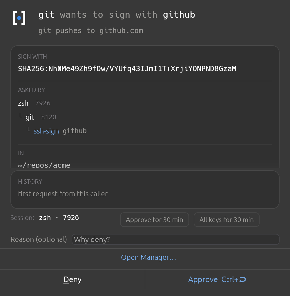 Point SSH_AUTH_SOCK at secreq and every signature is gated. You see the key fingerprint and the reason before git push signs, plus quiet grants covering a 30-minute session.