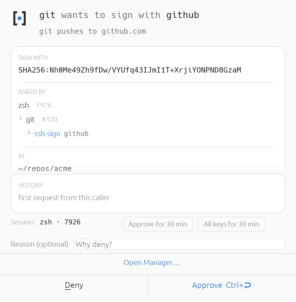 Point SSH_AUTH_SOCK at secreq and every signature is gated. You see the key fingerprint and the reason before git push signs, plus quiet grants covering a 30-minute session.