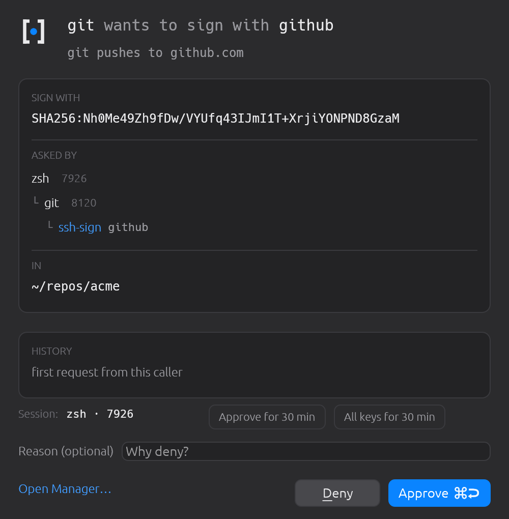 Point SSH_AUTH_SOCK at secreq and every signature is gated. You see the key fingerprint and the reason before git push signs, plus quiet grants covering a 30-minute session.