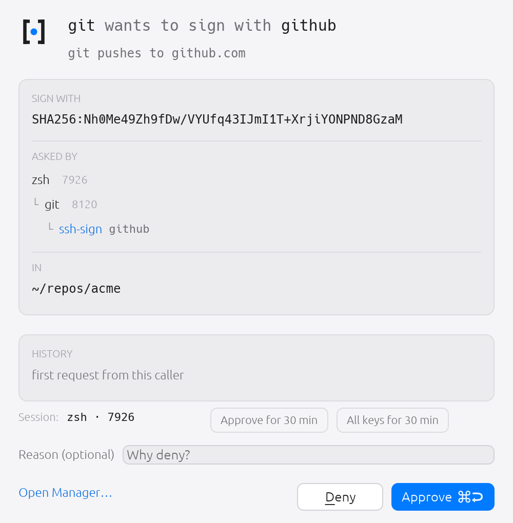Point SSH_AUTH_SOCK at secreq and every signature is gated. You see the key fingerprint and the reason before git push signs, plus quiet grants covering a 30-minute session.