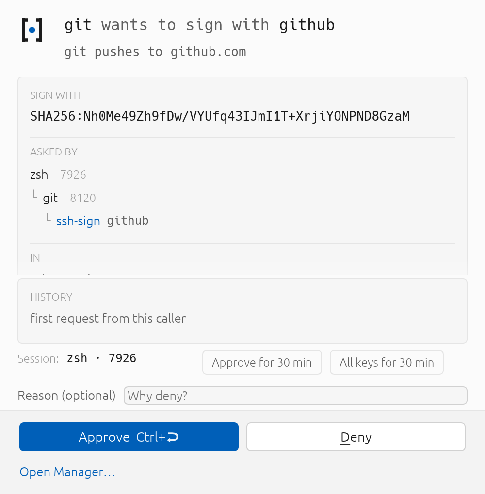 Point SSH_AUTH_SOCK at secreq and every signature is gated. You see the key fingerprint and the reason before git push signs, plus quiet grants covering a 30-minute session.