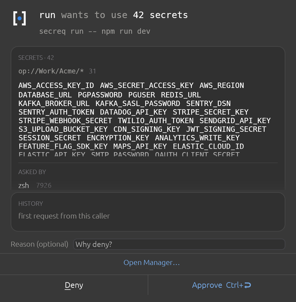 A secreq run carrying 42 variables leads with the count and groups the secrets by locator prefix. The body scrolls; the decision buttons never leave the window.