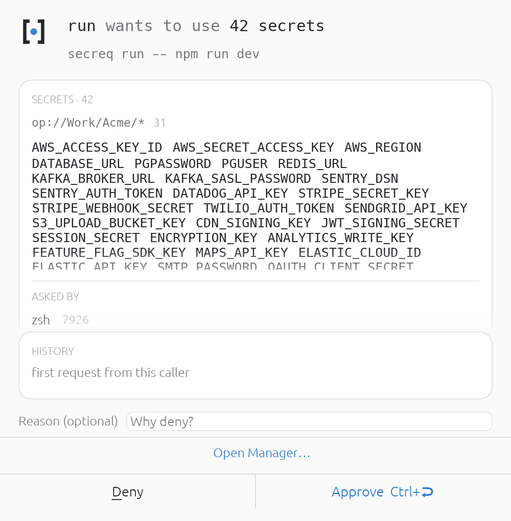 A secreq run carrying 42 variables leads with the count and groups the secrets by locator prefix. The body scrolls; the decision buttons never leave the window.