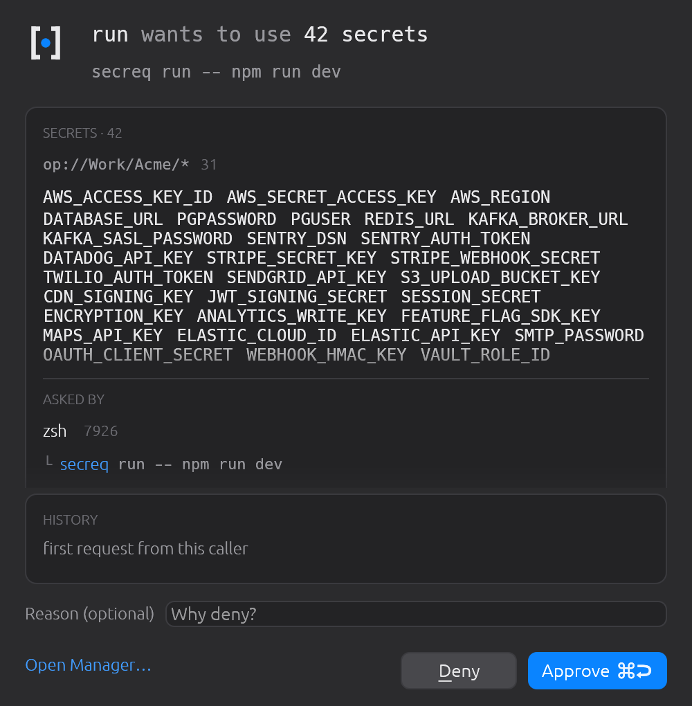 A secreq run carrying 42 variables leads with the count and groups the secrets by locator prefix. The body scrolls; the decision buttons never leave the window.
