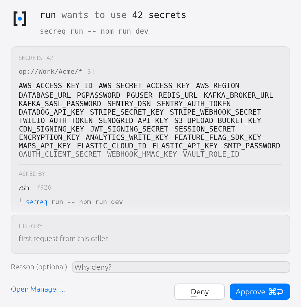 A secreq run carrying 42 variables leads with the count and groups the secrets by locator prefix. The body scrolls; the decision buttons never leave the window.