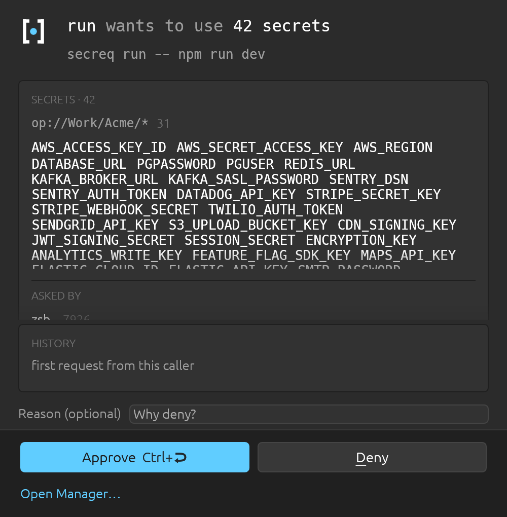 A secreq run carrying 42 variables leads with the count and groups the secrets by locator prefix. The body scrolls; the decision buttons never leave the window.