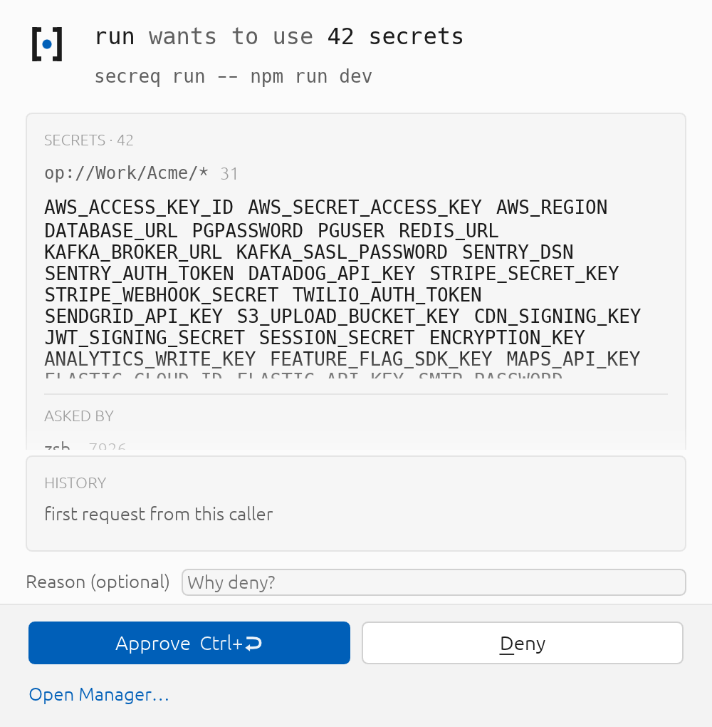 A secreq run carrying 42 variables leads with the count and groups the secrets by locator prefix. The body scrolls; the decision buttons never leave the window.
