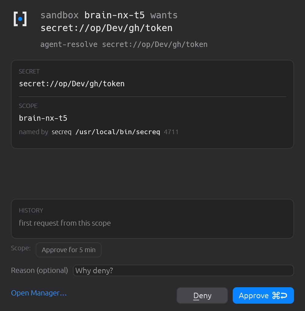A request from a guest VM. The headline is the sandbox, because a guest has no host process tree — the scope you declared is the principal, and there is deliberately no caller chain to read. DECLARED BY is the local process that opened the socket, which here is the secreq agent open you started.