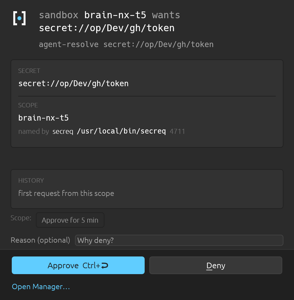A request from a guest VM. The headline is the sandbox, because a guest has no host process tree — the scope you declared is the principal, and there is deliberately no caller chain to read. DECLARED BY is the local process that opened the socket, which here is the secreq agent open you started.