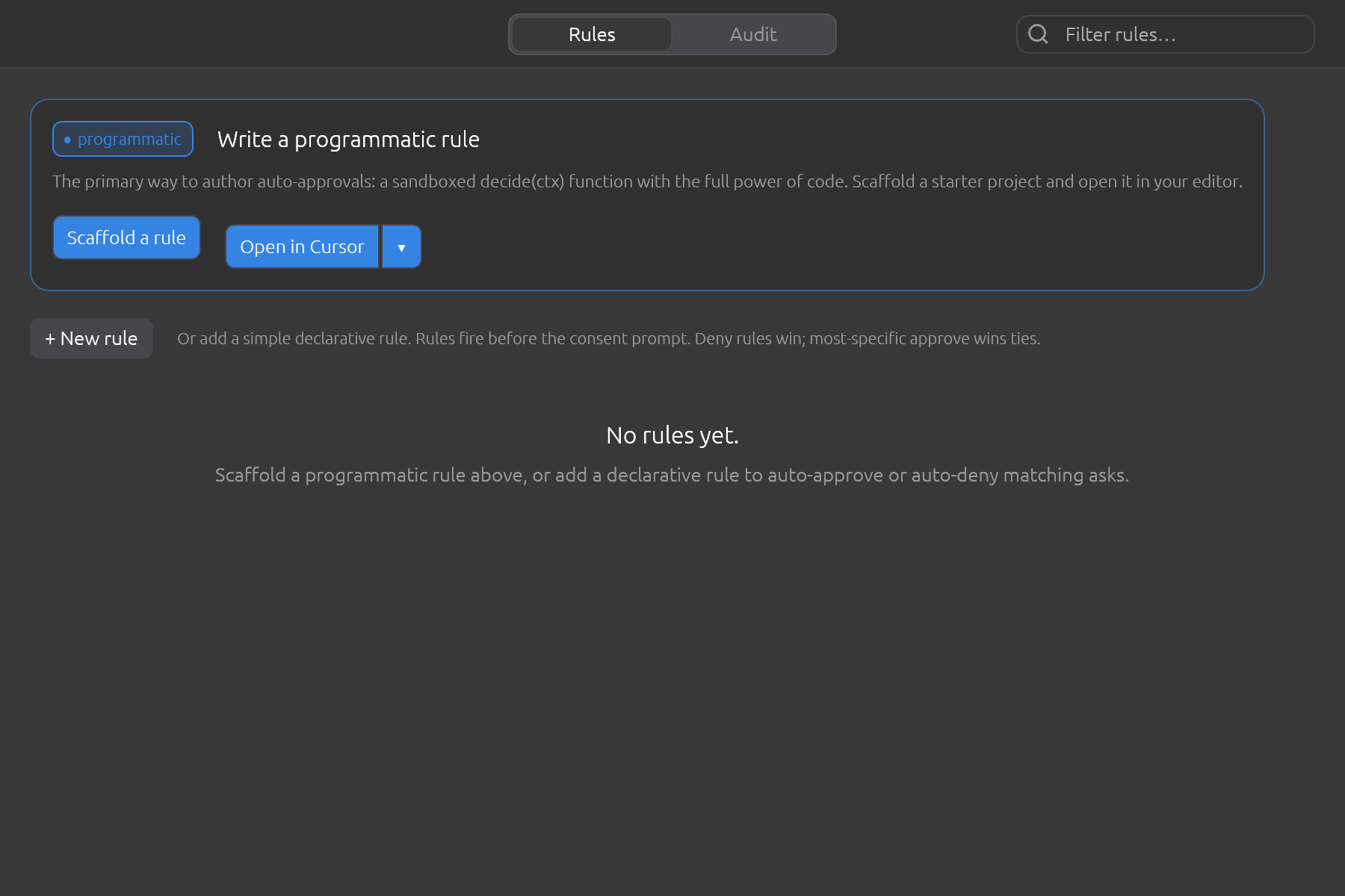When a rule needs more than pattern matching, secreq scaffolds a programmable one and hands it to your editor.