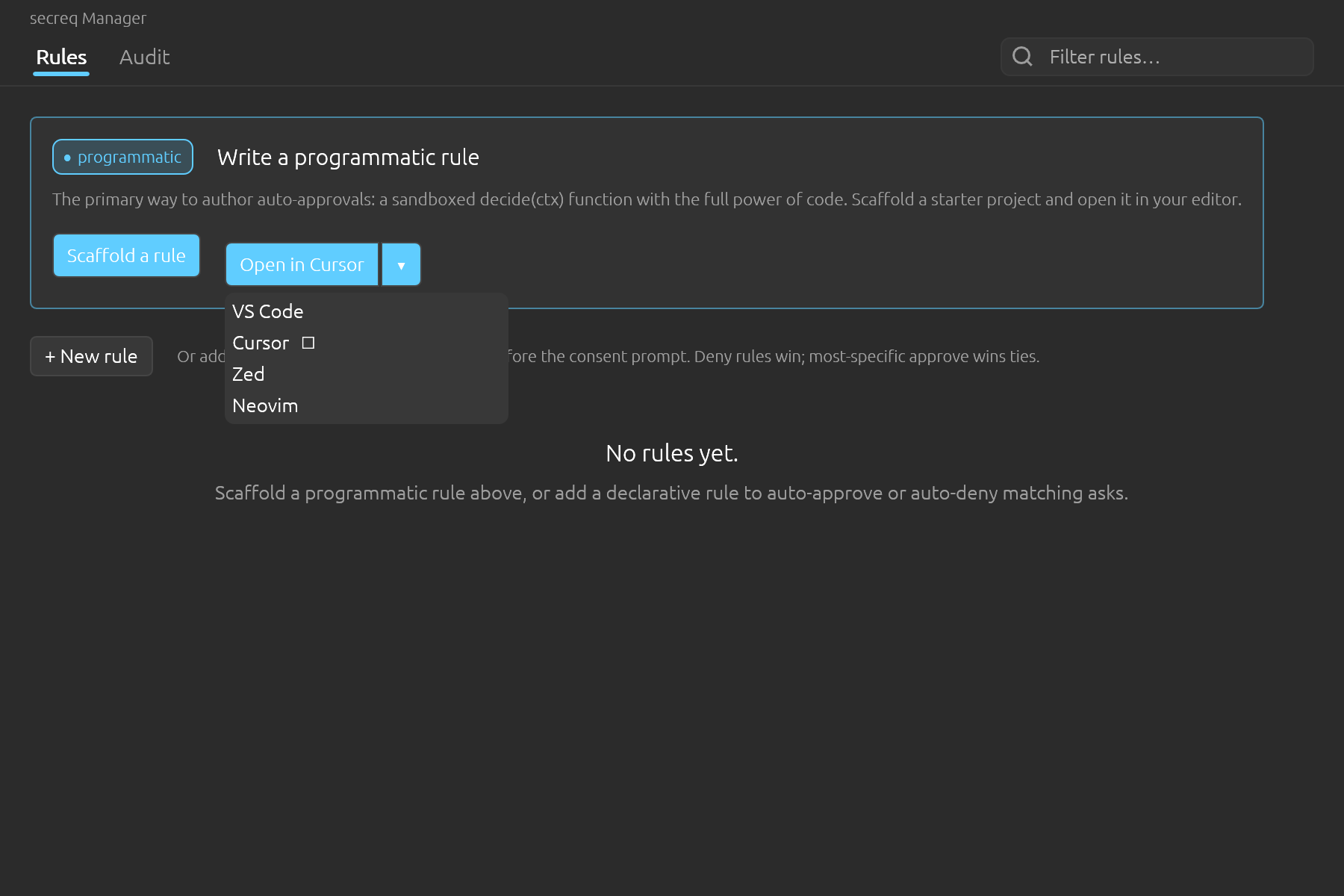 Pick from the editors secreq detected. Your choice becomes the default for next time.