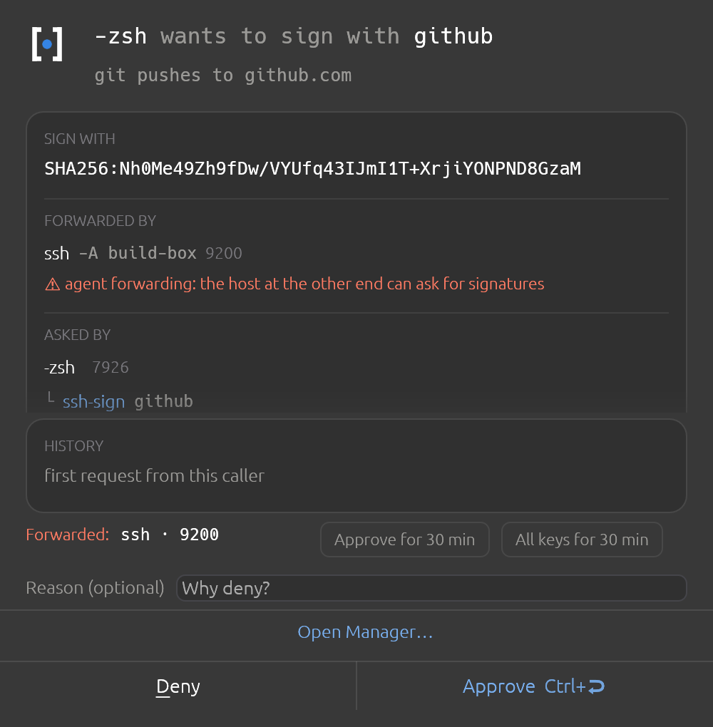 A sign request that arrived under ssh -A. secreq names the ssh client that forwarded your agent and the host it forwarded to — and Approve for 30 min attaches to that session, so it ends when you log out rather than lasting as long as the terminal.