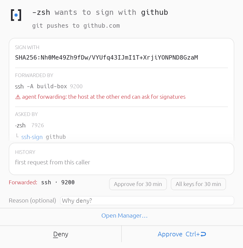 A sign request that arrived under ssh -A. secreq names the ssh client that forwarded your agent and the host it forwarded to — and Approve for 30 min attaches to that session, so it ends when you log out rather than lasting as long as the terminal.