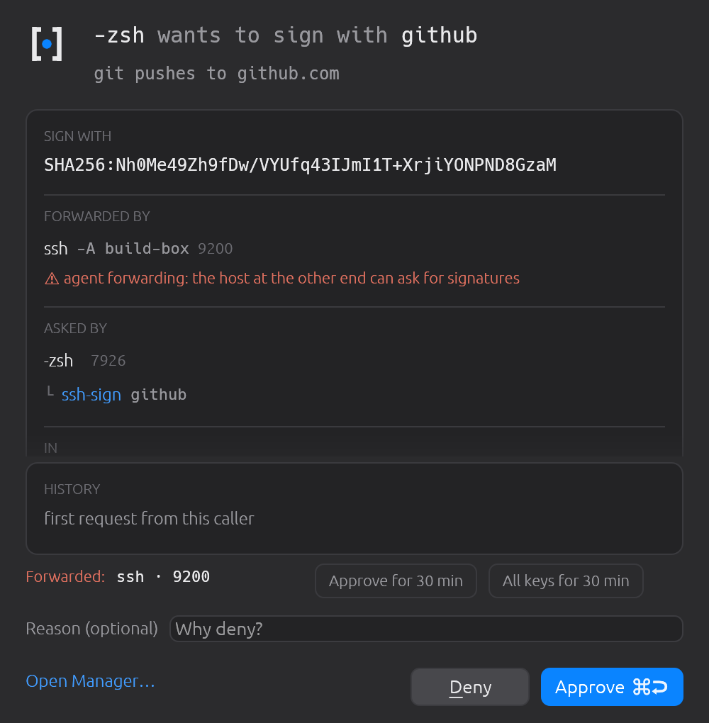 A sign request that arrived under ssh -A. secreq names the ssh client that forwarded your agent and the host it forwarded to — and Approve for 30 min attaches to that session, so it ends when you log out rather than lasting as long as the terminal.