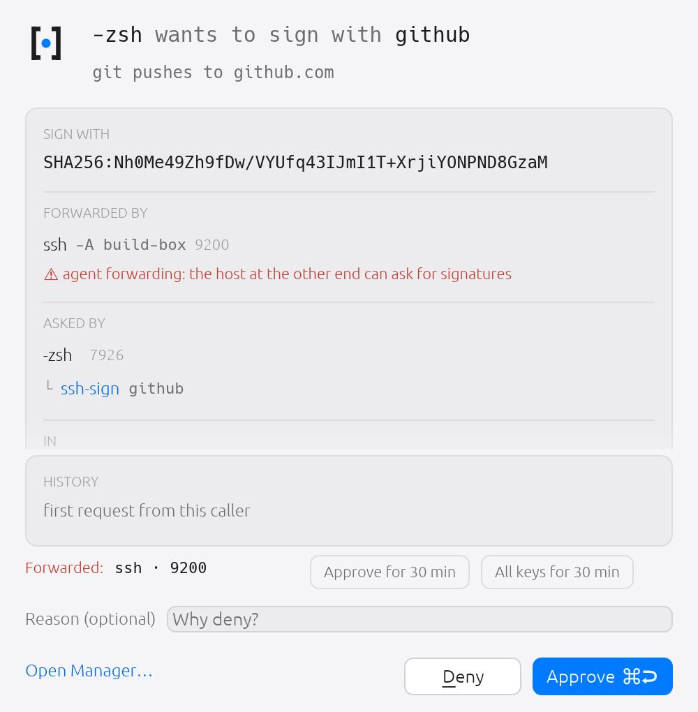 A sign request that arrived under ssh -A. secreq names the ssh client that forwarded your agent and the host it forwarded to — and Approve for 30 min attaches to that session, so it ends when you log out rather than lasting as long as the terminal.