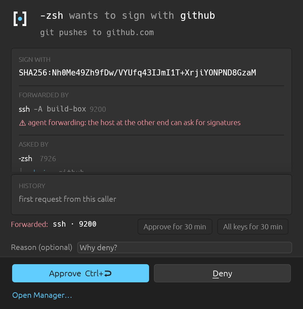 A sign request that arrived under ssh -A. secreq names the ssh client that forwarded your agent and the host it forwarded to — and Approve for 30 min attaches to that session, so it ends when you log out rather than lasting as long as the terminal.