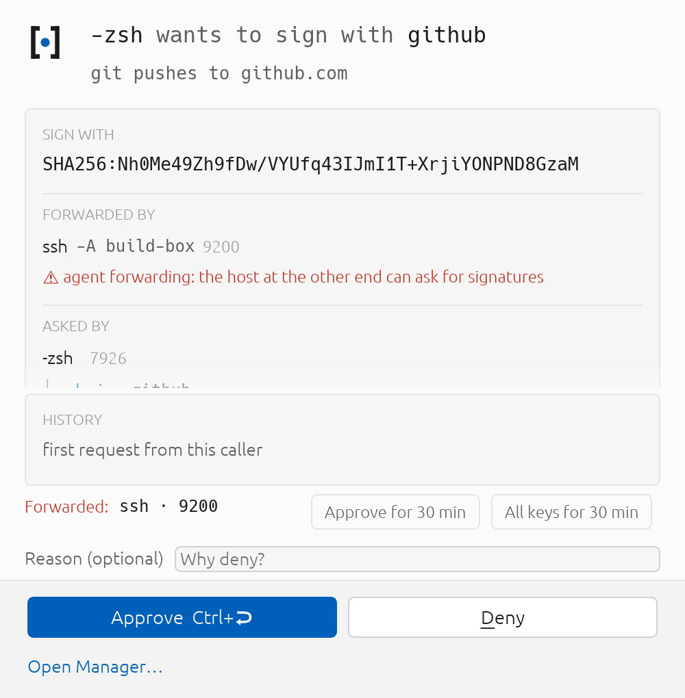 A sign request that arrived under ssh -A. secreq names the ssh client that forwarded your agent and the host it forwarded to — and Approve for 30 min attaches to that session, so it ends when you log out rather than lasting as long as the terminal.