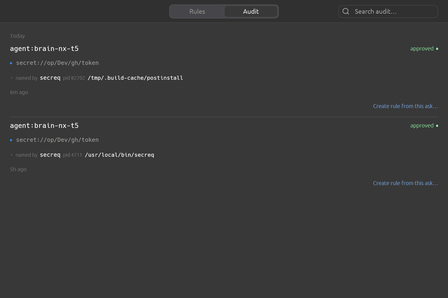 A sandbox request records which local process put its scope name on the wire. A genuine request names the secreq agent open you started, at the path you installed it to; the one above it names secreq too, and an executable you did not install. secreq cannot tell the two apart and does not guess — it writes down what the kernel said, so the difference is still there when you come back to it.