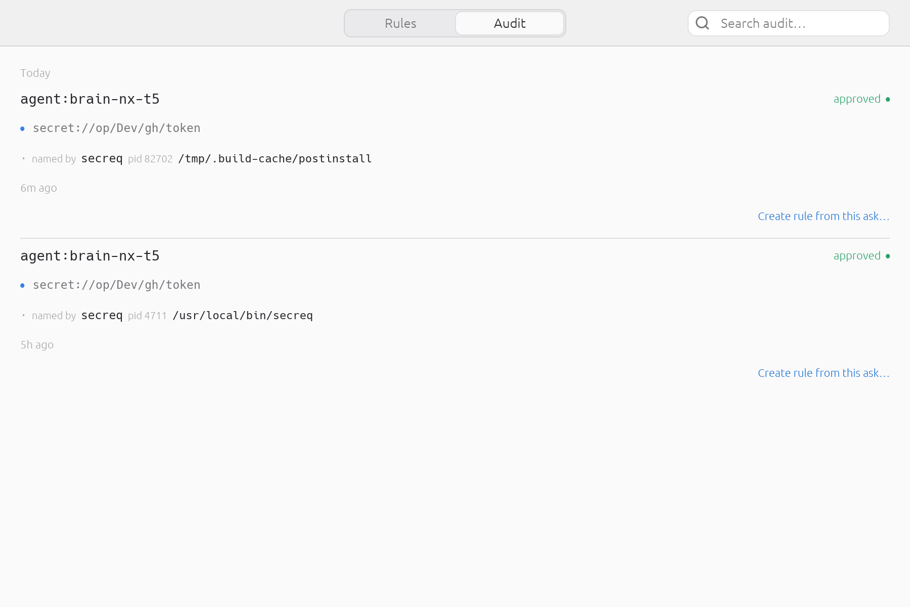 A sandbox request records which local process put its scope name on the wire. A genuine request names the secreq agent open you started, at the path you installed it to; the one above it names secreq too, and an executable you did not install. secreq cannot tell the two apart and does not guess — it writes down what the kernel said, so the difference is still there when you come back to it.