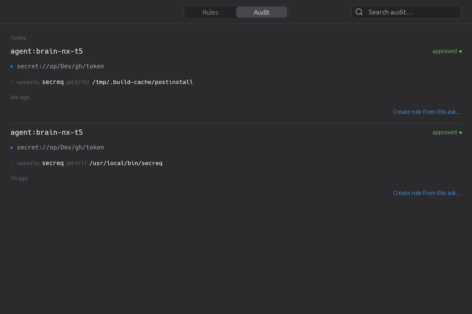 A sandbox request records which local process put its scope name on the wire. A genuine request names the secreq agent open you started, at the path you installed it to; the one above it names secreq too, and an executable you did not install. secreq cannot tell the two apart and does not guess — it writes down what the kernel said, so the difference is still there when you come back to it.