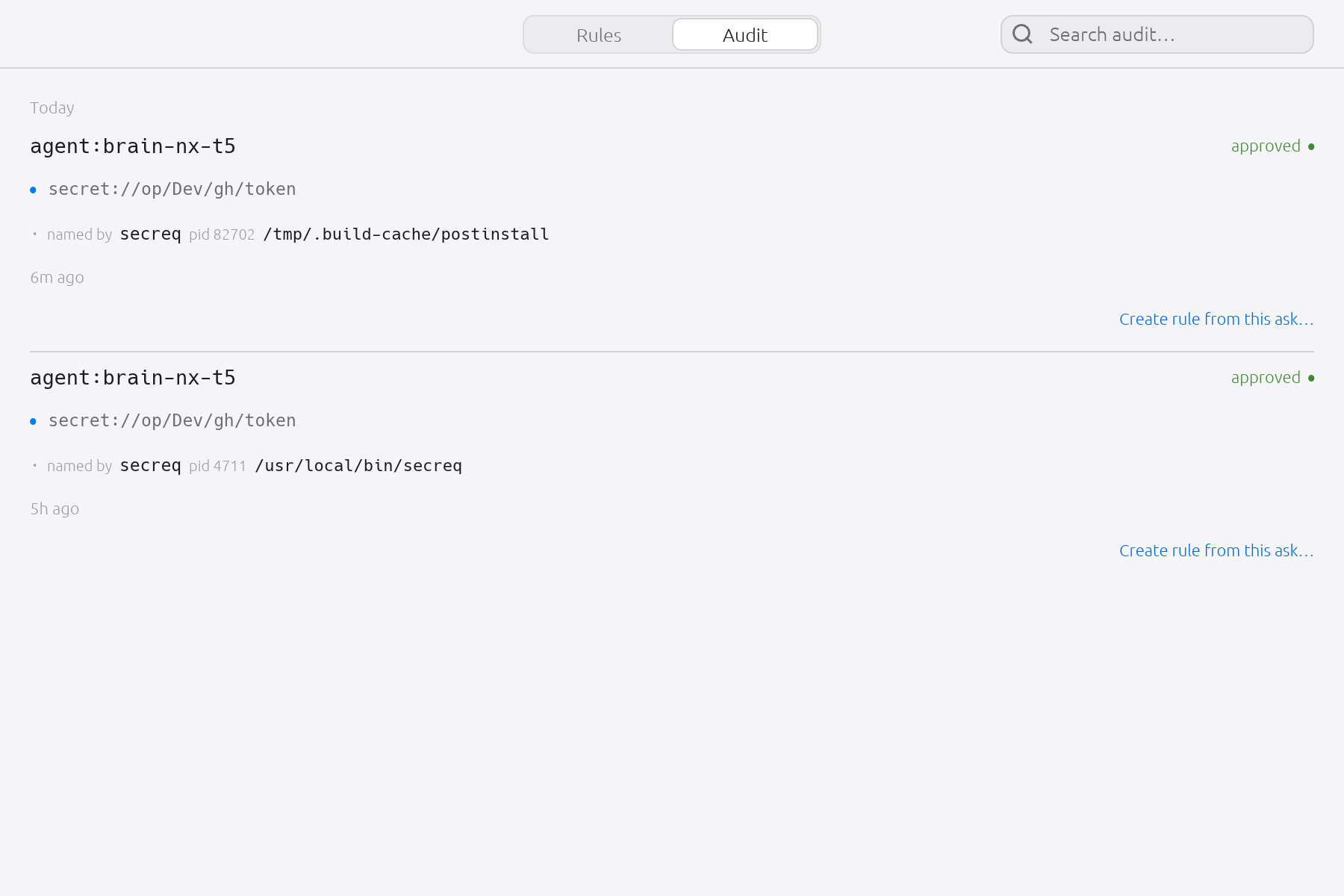 A sandbox request records which local process put its scope name on the wire. A genuine request names the secreq agent open you started, at the path you installed it to; the one above it names secreq too, and an executable you did not install. secreq cannot tell the two apart and does not guess — it writes down what the kernel said, so the difference is still there when you come back to it.