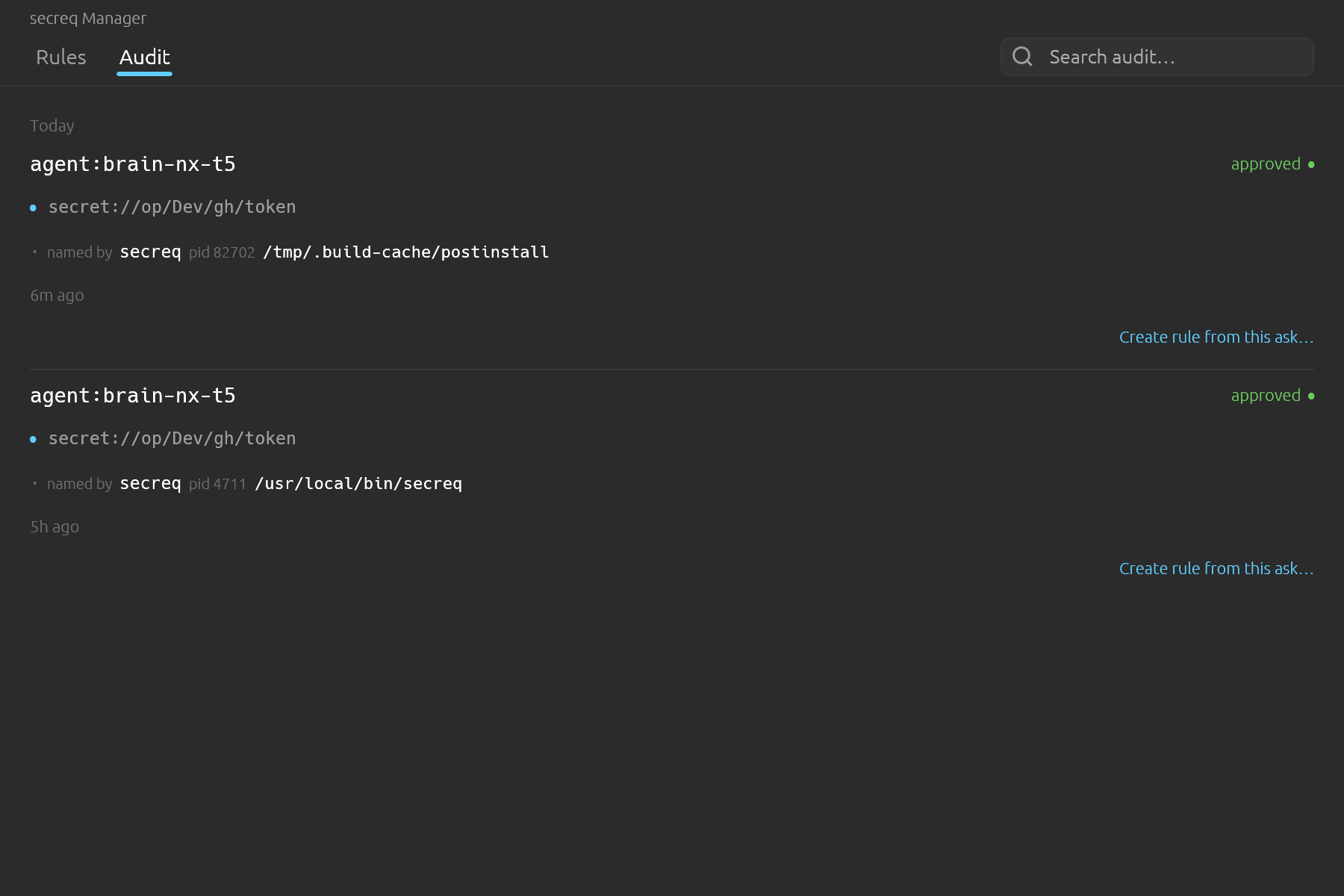 A sandbox request records which local process put its scope name on the wire. A genuine request names the secreq agent open you started, at the path you installed it to; the one above it names secreq too, and an executable you did not install. secreq cannot tell the two apart and does not guess — it writes down what the kernel said, so the difference is still there when you come back to it.